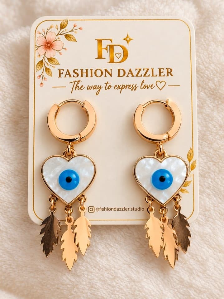 Evil Eye Mother of Pearl Heart Huggie Earrings